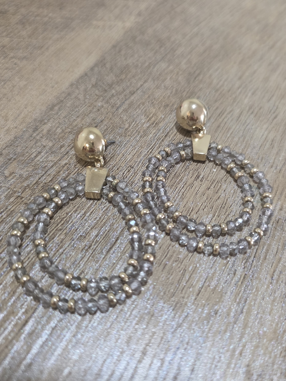 Gold & Gray Beaded Hoop Drop Earrings